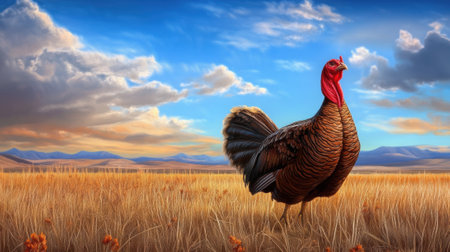 A turkey is standing in a field with clouds and sky behind it, AIの素材