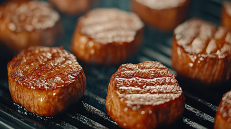 A close up of a grill with steaks on it cooking, AIの素材