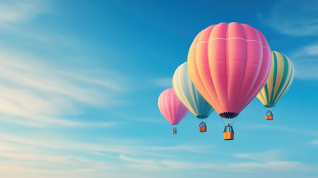A group of hot air balloons flying in the sky with a blue background, AIの素材