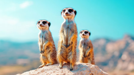 Three meerkats standing on top of a rock in the desert, AIの素材