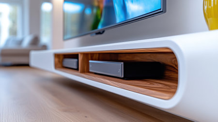 A close up of a tv mounted on the wall with speakers, AIの素材