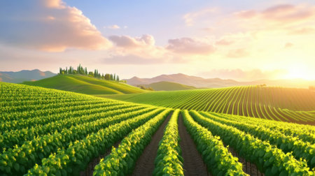 A field of green plants with a sun setting in the background, AIの素材