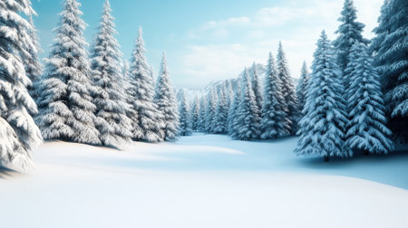 A snow covered forest with trees and a blue sky, AIの素材