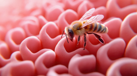 A bee on a pink flower with red petals and leaves, AIの素材