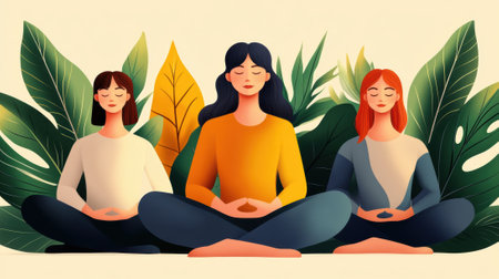 Three women sitting in lotus position with leaves around them, AIの素材