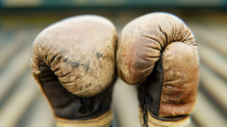 A close up of a pair of old boxing gloves on top of some wood, AIの素材