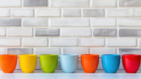 A row of colorful cups lined up against a brick wall, AIの素材