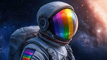 A man in an astronaut suit with a rainbow colored stripe on his helmet, AIの素材