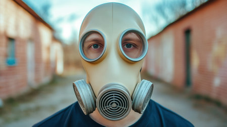 A man wearing a gas mask with two eyes and no nose, AIの素材