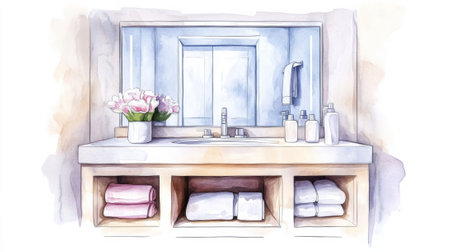 A bathroom sink with a vase of flowers and towels, AIの素材