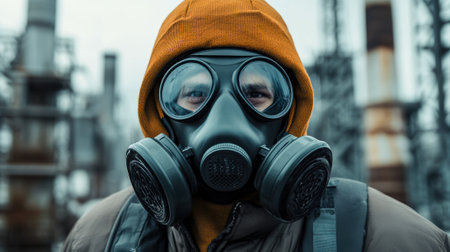 A man wearing a gas mask and orange jacket standing in front of industrial buildings, AIの素材