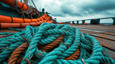 A close up of a blue rope on the deck of an ocean vessel, AIの素材