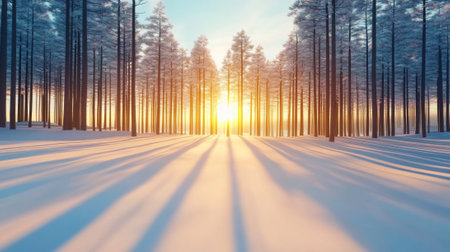 A sun shining through a forest of trees at sunset, AIの素材