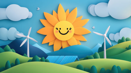 A cartoon sun with smiley face on a hillside surrounded by windmills, AIの素材