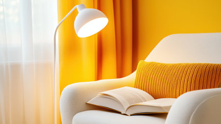 A white chair with a lamp and an open book on it, AIの素材