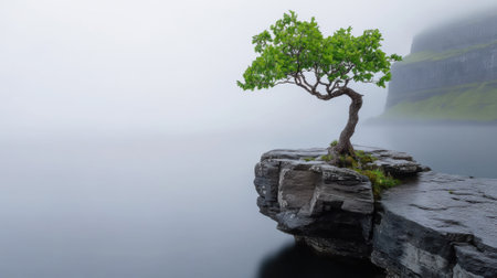 A lone tree on a rock in the middle of water, AIの素材