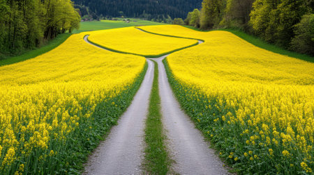 A road leading to a field of yellow flowers with trees in the background, AIの素材