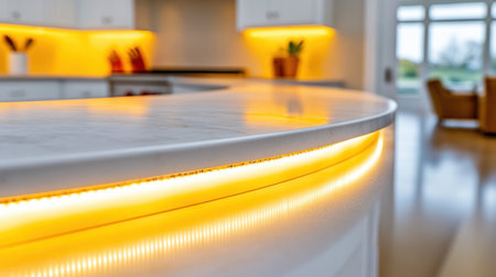A kitchen counter with a lighted edge and some chairs, AIの素材