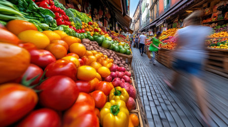 A group of people walking down a street with lots and lots of fruits, AIの素材