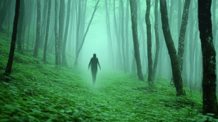A person walking through a forest in the fog, AIの素材