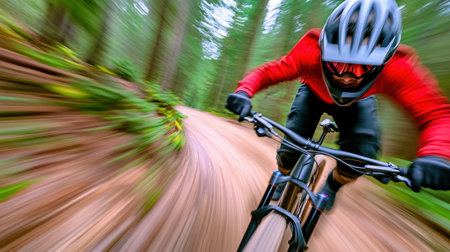 A man riding a bike down the trail in motion, AIの素材