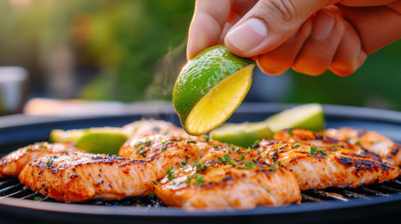 A person putting a lime on some food being cooked, AIの素材