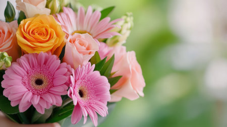 A close up of a bouquet with pink, orange and yellow flowers, AIの素材