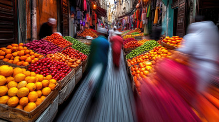 A group of people walking down a street with lots and lots of fruit, AIの素材