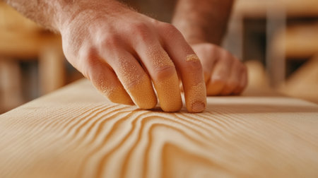 A mans hand on a piece of wood with sanding marks, AIの素材