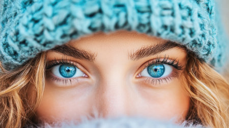 A close up of a woman with blue eyes peeking out from behind her hat, AIの素材