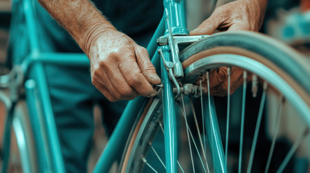 A man fixing a bicycle tire with his hands and feet, AIの素材