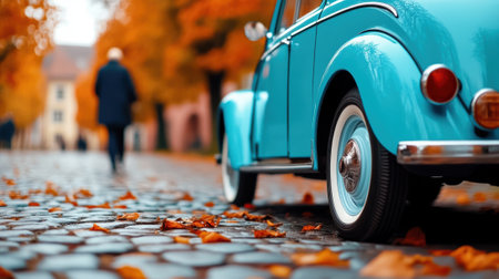 A blue car parked on cobblestone street with leaves and a person walking, AIの素材