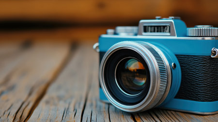 A blue camera sitting on a wooden table with the lens facing up, AIの素材