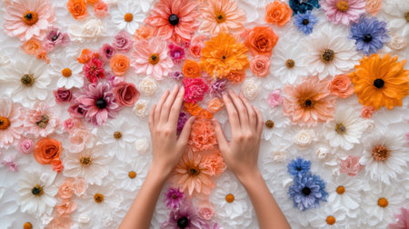 A persons hands are touching a flower covered table, AIの素材
