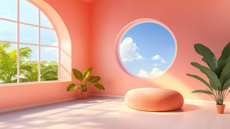 A pink room with a round cushion and two potted plants, AIの素材