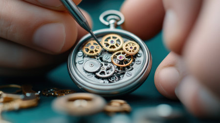 A person is working on a pocket watch with some tools, AIの素材