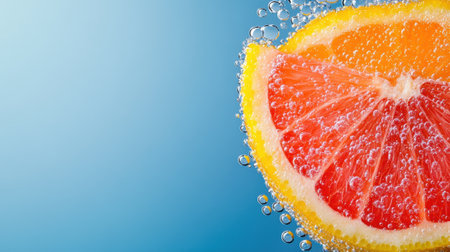 A grapefruit is cut in half and surrounded by bubbles, AIの素材