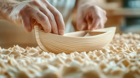 A person making a boat out of wood on top of some sand, AIの素材