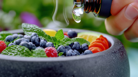A person pouring liquid into a bowl of fruit and vegetables, AIの素材