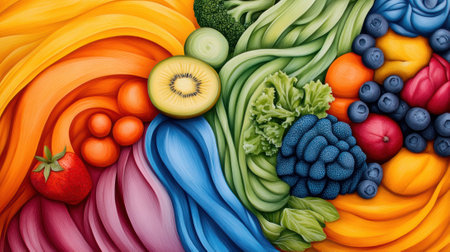 A painting of a colorful assortment of fruits and vegetables, AIの素材