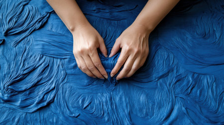 A persons hands are on top of a blue cloth, AIの素材