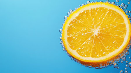 A slice of orange is surrounded by bubbles in a blue sky, AIの素材