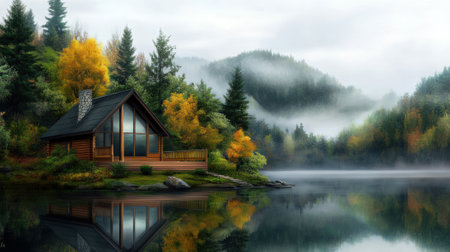 A cabin on a lake surrounded by trees and mountains, AIの素材