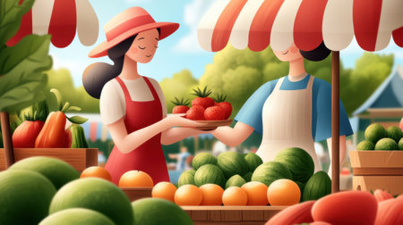 A woman holding a basket of strawberries and another person with fruit, AIの素材