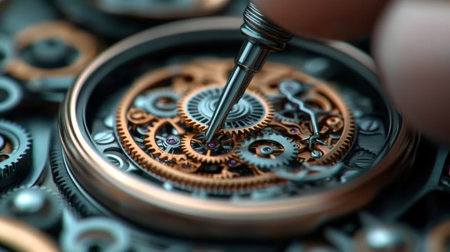 A close up of a watch with gears and springs, AIの素材