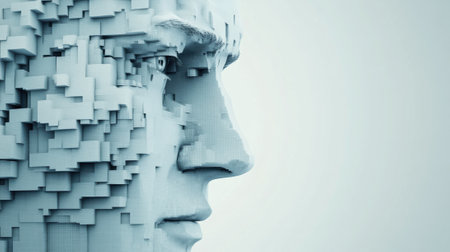 A close up of a mans face made out of cubes, AIの素材
