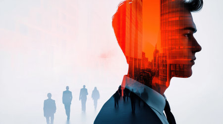 A double exposure of a man in business attire with people walking behind him, AIの素材