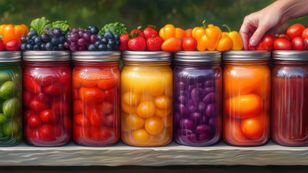 A painting of a person reaching into the mason jars filled with fruit, AIの素材