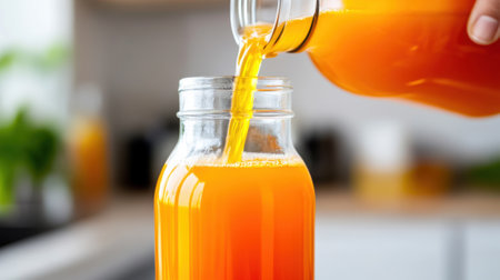A person pouring orange juice into a glass jar on the counter, AIの素材