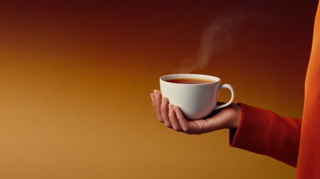 A person holding a cup of steaming hot coffee in their hand, AIの素材